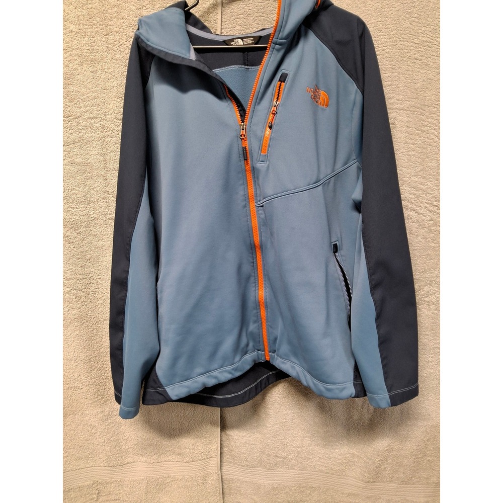 The North Face Mens XXL Blue Navy Softshell Hooded Jacket Orange Trim Full Zip